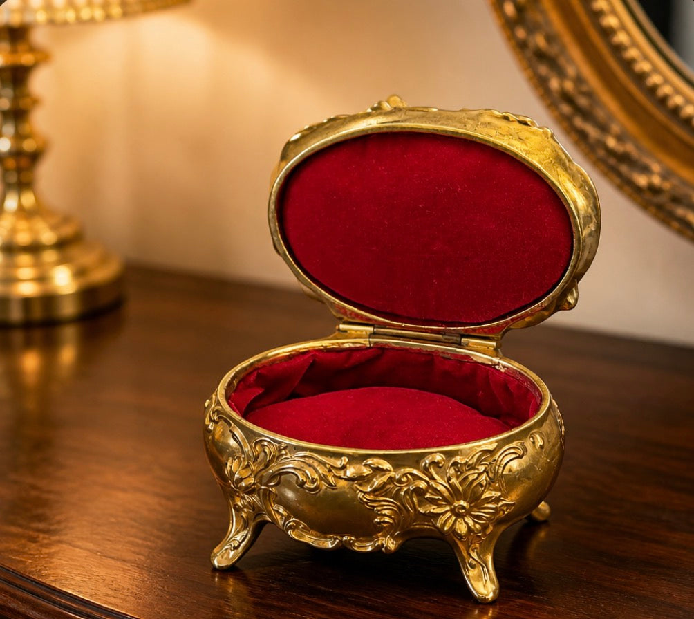 Vintage Gilt Rococo Jewelry Casket with Crimson Velvet Interior