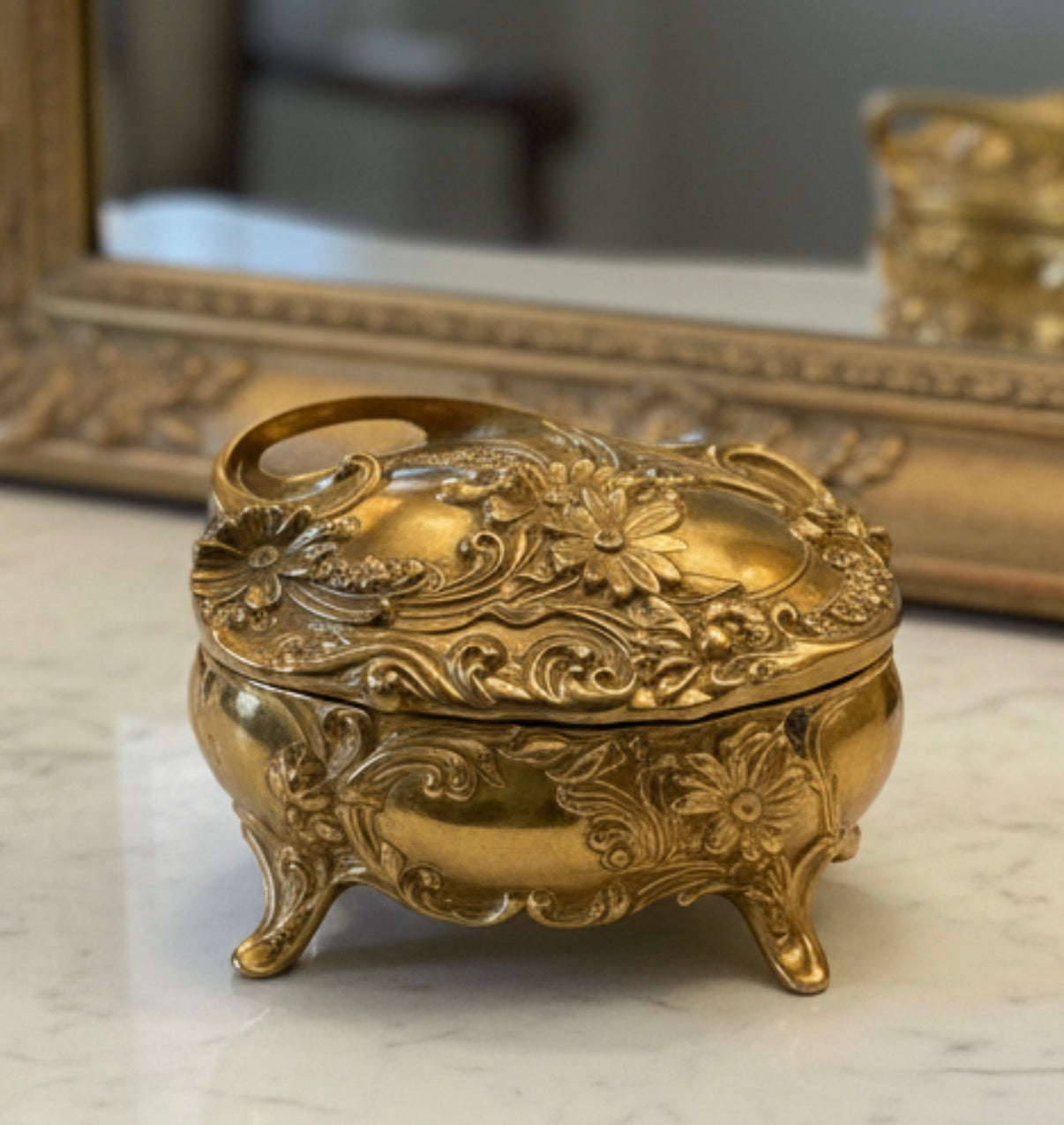Vintage Gilt Rococo Jewelry Casket with Crimson Velvet Interior