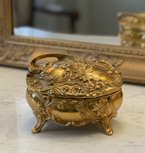 Vintage Gilt Rococo Jewelry Casket with Crimson Velvet Interior
