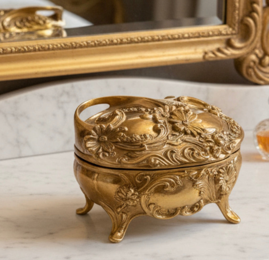 Vintage Gilt Rococo Jewelry Casket with Crimson Velvet Interior