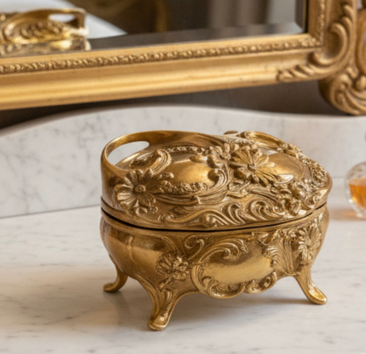 Vintage Gilt Rococo Jewelry Casket with Crimson Velvet Interior