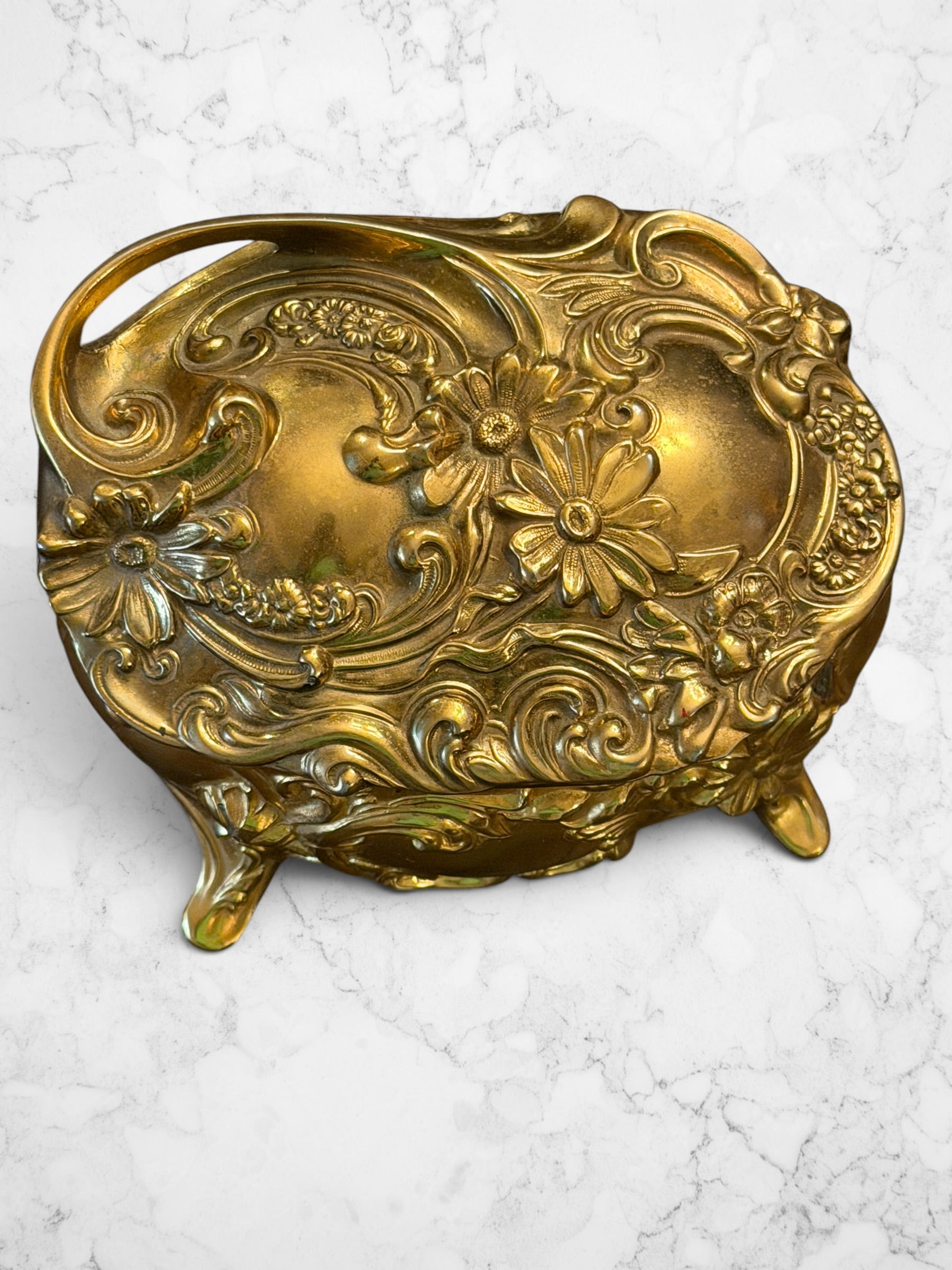 Vintage Gilt Rococo Jewelry Casket with Crimson Velvet Interior