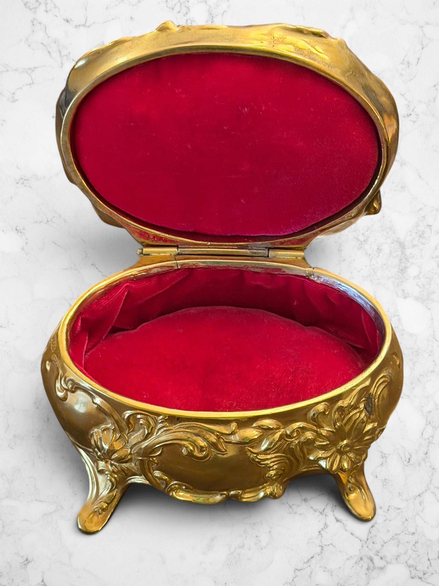 Vintage Gilt Rococo Jewelry Casket with Crimson Velvet Interior