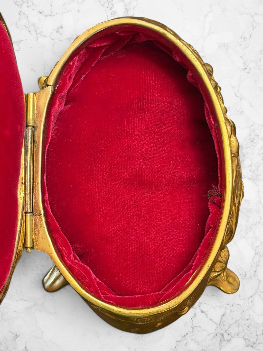 Vintage Gilt Rococo Jewelry Casket with Crimson Velvet Interior