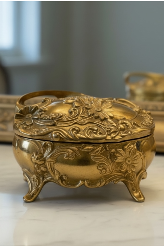 Vintage Gilt Rococo Jewelry Casket with Crimson Velvet Interior